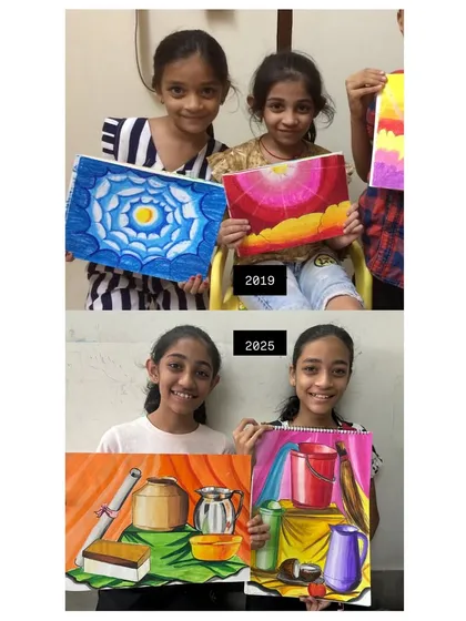 I am so proud to witness the incredible growth of my students. This image shows the artistic journey of two sisters, from their initial drawings in 2019 to their advanced still life paintings in 2025, highlighting how consistency and guidance help creativity blossom.