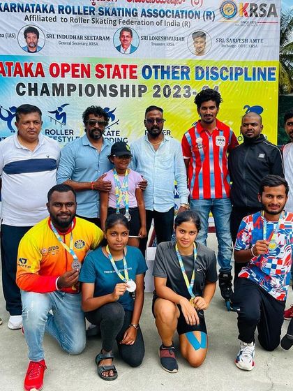 The winning team from the Karnataka Open State Championship 2023. We manage events for multiple categories, including inline speed slalom and roller freestyle.