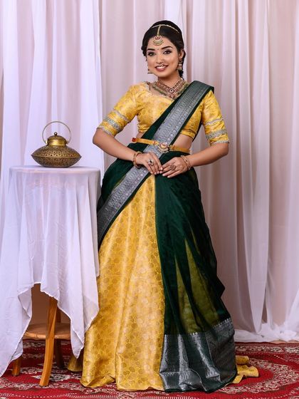 The full view of the half-saree engagement look, showing the complete styling from head to toe.