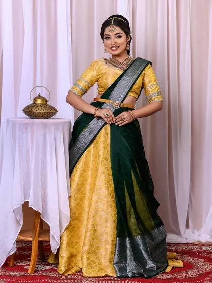 The full view of the half-saree engagement look, showing the complete styling from head to toe.