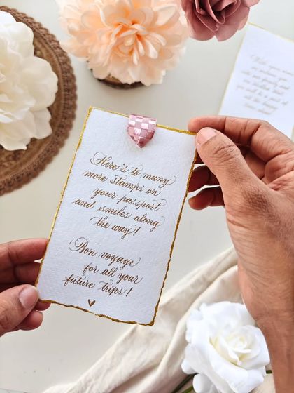 "Here's to many more stamps on your passport and smiles along the way!" A heartfelt travel wish for a couple, perfect as part of a wedding welcome gift.