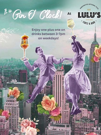 It is Gin O' Clock! Enjoy one-plus-one on drinks between 3-7pm on weekdays. This vintage-style collage captures the fun, celebratory vibe of my happy hour.