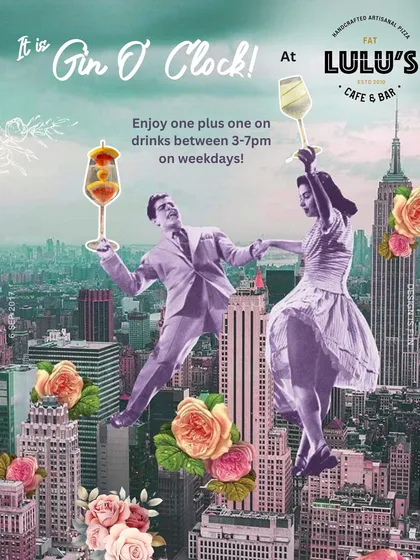 It is Gin O' Clock! Enjoy one-plus-one on drinks between 3-7pm on weekdays. This vintage-style collage captures the fun, celebratory vibe of my happy hour.