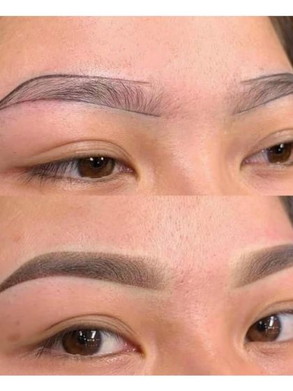 Another look at an eyebrow transformation. We map out the ideal shape and then fill it in to create bold, perfectly arched brows that enhance the eyes.