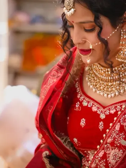 A quiet, contemplative portrait of the bride during her wedding ceremony at Triyuginarayan, capturing the solemnity of the rituals.