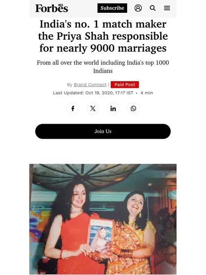 My features in Forbes India delve into my personal approach to matchmaking, which has been trusted by India's top families for nearly 9,000 marriages. The articles discuss how I pioneered large-scale matrimonial events and built a legacy of trust and success.