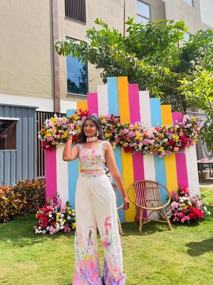 A full view of my self-made carnival outfit, designed and painted from scratch. The vibrant colors and ocean theme were perfect for my sister's wedding celebration.