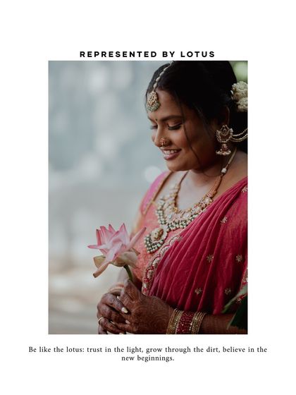 A portrait of a bride holding a lotus flower, with text overlay symbolizing new beginnings.