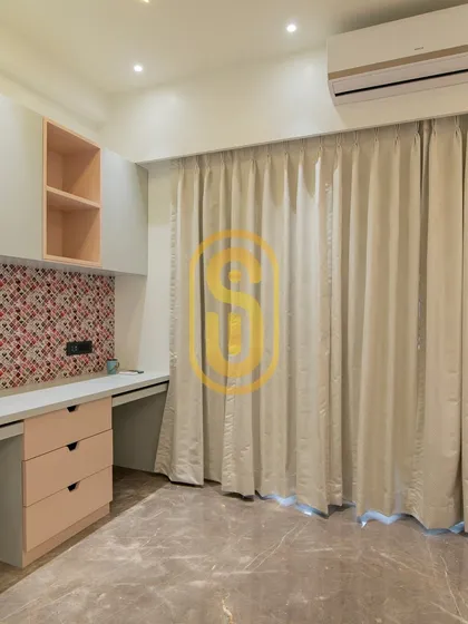 A wider view of the dual study area concept. This render helps visualize the entire space, including the flooring and curtains, to ensure all elements work together harmoniously.