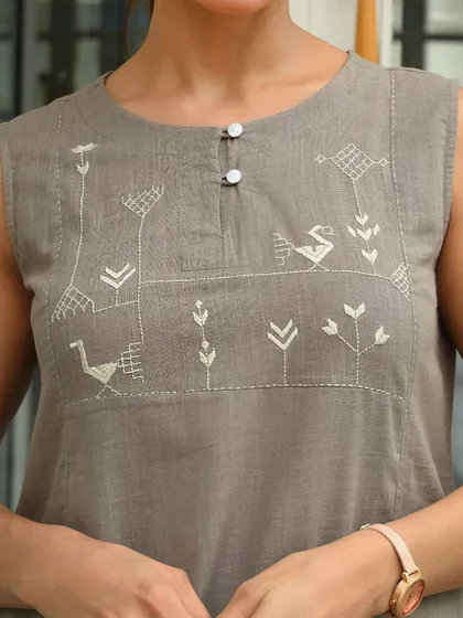 A close-up of the Soof embroidery on our Bagh sleeveless kurta. The geometric motifs of birds and flowers are a celebration of nature, captured in every stitch.