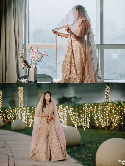 A collage showing the bride's journey from a quiet indoor portrait to walking through a garden illuminated by fairy lights.