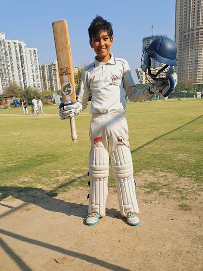 Adhrit Pandey celebrating his brilliant unbeaten 50 off just 44 balls. His elegant boundaries were a treat to watch and crucial for the team's total.