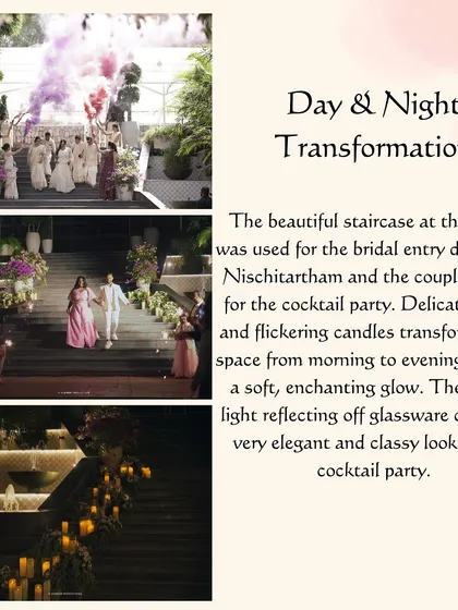 I love using a venue's existing features. This staircase was transformed from a sunlit bridal entry to a romantic, candlelit entrance for the evening party.