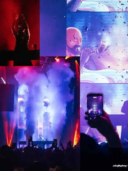 A vibrant collage from Nucleya's show, showing confetti, smoke cannons, and the iconic visuals on the screen behind him. This captures the full sensory experience of his set.