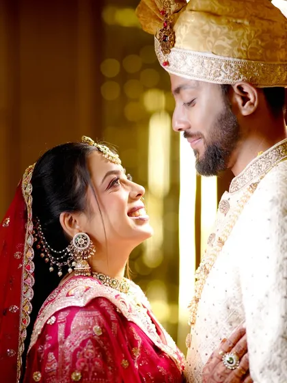 A beautiful, warm-toned portrait of the bride and groom, capturing the bride's adoring gaze.