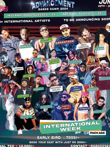 The poster for the International Week package at Advancement Dance Camp. An intensive week of training with a global faculty.