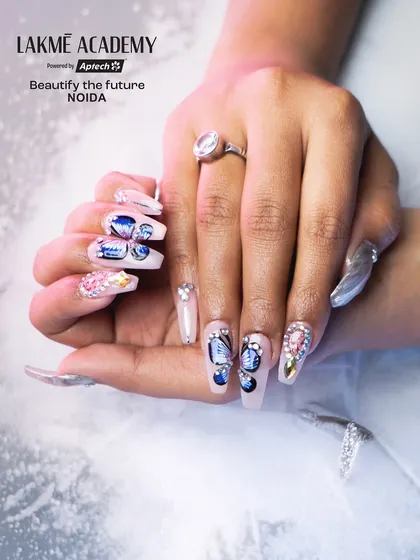 Nail art is a booming industry. Our nail extension classes cover everything from gel and acrylics to advanced Korean nail art techniques, including embedding rhinestones and creating detailed designs like these beautiful butterflies.