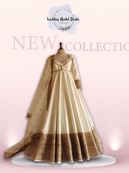 From our new collection, a simple yet elegant off-white Anarkali suit with a gold border. A timeless piece for any daytime event.