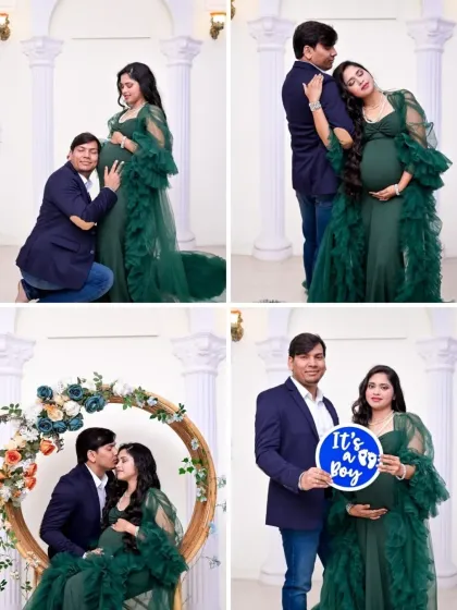 This collage captures the joy and excitement of a gender reveal. The couple uses a blue "It's a Boy" sign, and the mom-to-be looks radiant in our elegant green gown.