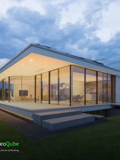 This concept showcases a single-story home with curved glass walls, creating a panoramic view of the outdoors. It demonstrates the flexibility of our building system to create unique architectural forms.