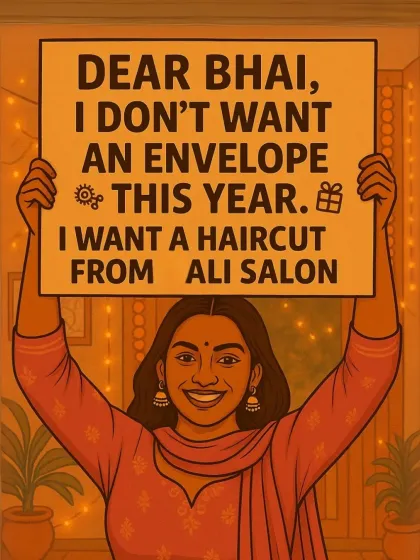 A fun Raksha Bandhan graphic showing what sisters really want: a haircut from Ali Salon. It's a testament to being a sought-after destination for great hair.