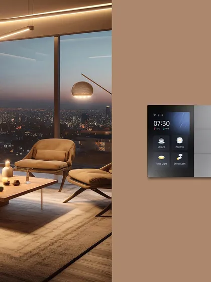 One tap can be magic. This split view shows how a minimalist smart keypad can instantly set the mood in a room, creating the perfect ambiance for your evening.