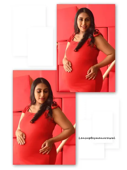 This collage shows two beautiful poses in a fitted red dress against a textured studio backdrop. It highlights how we can capture different angles and expressions during a single session to tell a complete story.