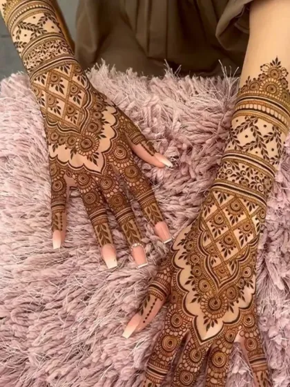 An elegant and intricate design, perfect for a bridesmaid or close family member who wants a full but not overpowering mehendi look.