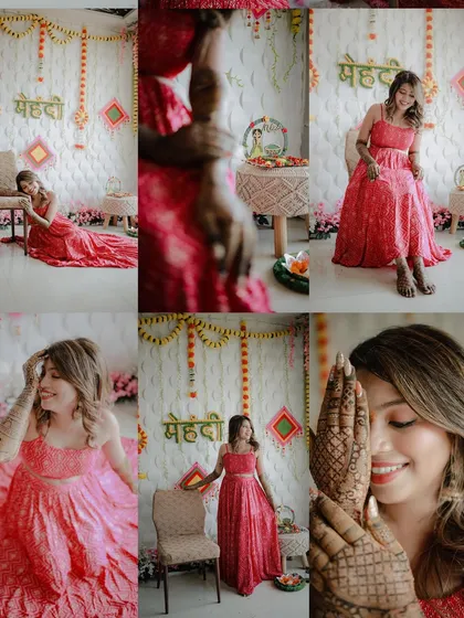 A collage showcasing the joy and beauty of the Mehndi ceremony. It includes portraits of the bride, close-ups of her henna, and shots of the festive decor.