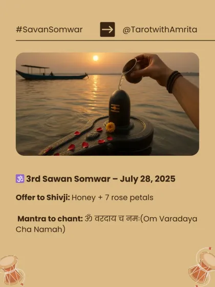 On the third Sawan Somwar, we focus on sweetness and love. Offer honey and rose petals to the Shivling and chant "Om Varadaya Cha Namah" to ask for boons and blessings in your relationships and life.