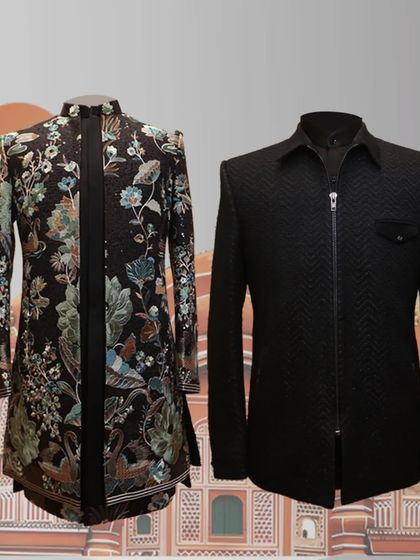 A graphic featuring two distinct styles: a black floral Indo-Western jacket and a modern black bomber jacket, showcasing my range.