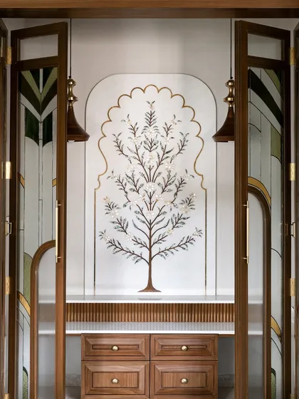 A straight-on view of the marble inlay, showcasing the incredible craftsmanship and the serene beauty of the design. The unit includes a fluted base and drawers for storage.