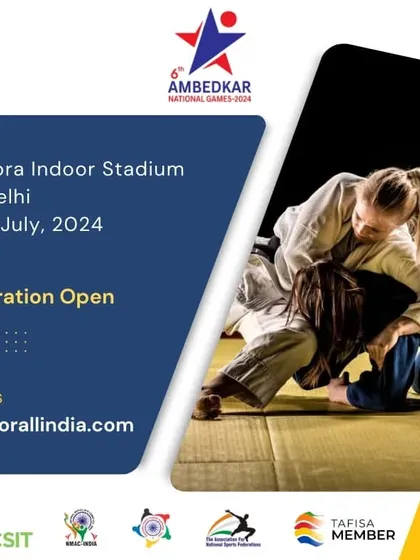 Registration announcement for the 6th Ambedkar National Games. This poster details the proposed disciplines, including indoor events like Armsport and Yoga, and a wide array of martial arts, all taking place at the Talkatora Indoor Stadium.