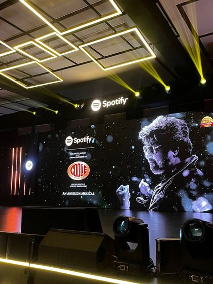 The stage for the Spotify x 'Coolie' music launch, featuring superstar Rajinikanth. We managed the show calling, artists, and stage to celebrate the film's music in a high-energy environment.