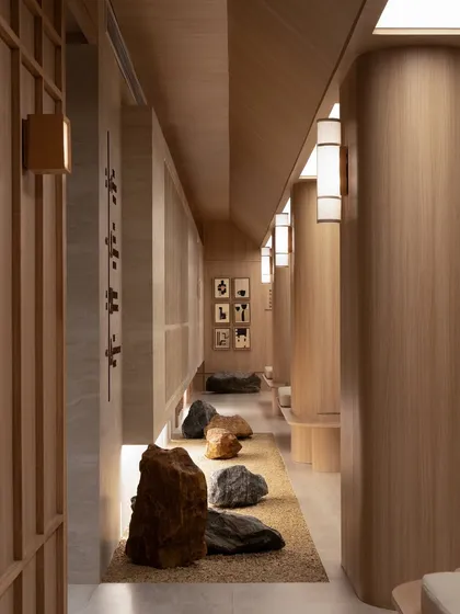 The corridor with its zen-like arrangement of rocks, creating a path for mindful movement.