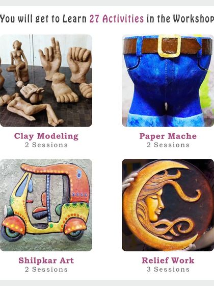 A look at the 3D and sculptural arts covered in our workshop, including Clay Modeling, Paper Mache, Shilpkar Art, and Relief Work.