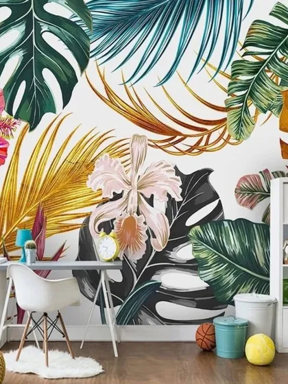 A bright and colorful tropical wallpaper for a kid's room or study area, featuring large leaves and flowers in a playful, modern style.
