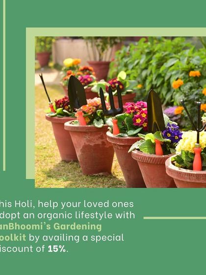 Gifting our gardening toolkit is a wonderful way to help a loved one adopt an organic lifestyle. This image, featuring our tools in a row of flowering pots, was part of our special Holi promotion to encourage sustainable celebrations.
