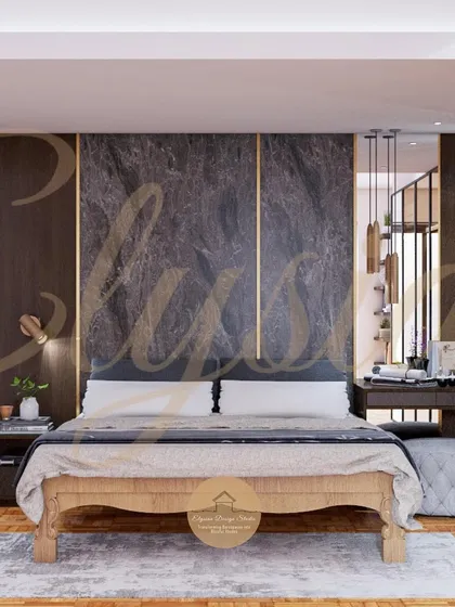 The centerpiece of this bedroom is the custom bed, but the background shows the integrated dressing area and wardrobe. The dark marble-like panel with brass inlays behind the bed adds a layer of opulence.