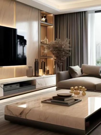 In this living room, we paired a marble-clad TV wall with a matching marble coffee table for a cohesive, high-end look. The design features a floating console with integrated backlighting, creating a warm and luxurious ambiance.