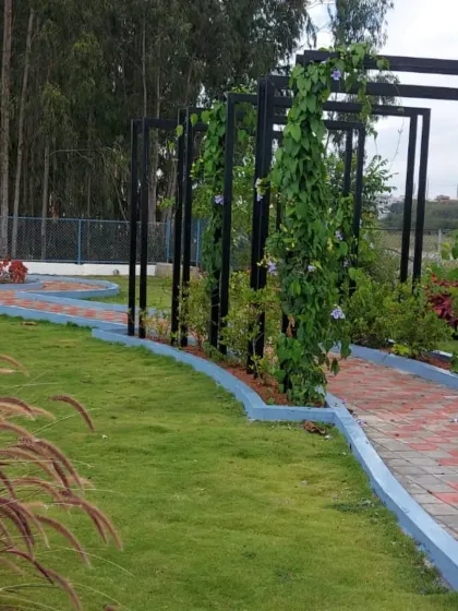 A community park pathway with a modern black metal trellis for climbing plants. The design incorporates both recreational and aesthetic elements.