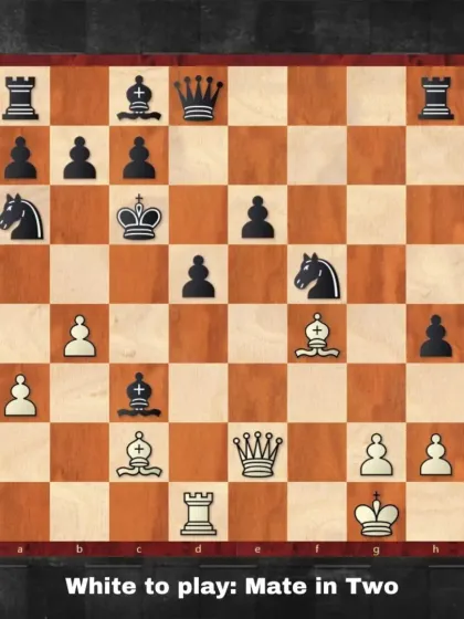 A complex position where White has a forced checkmate in two moves. This puzzle requires careful calculation to find the correct path to victory.
