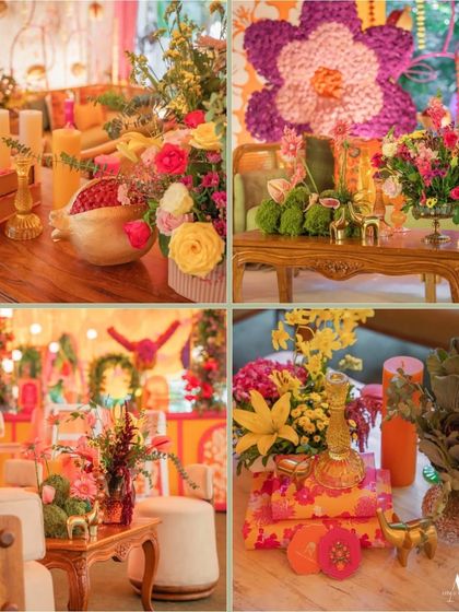 A collage of close-up details from a vibrant mehendi. It highlights the colorful floral arrangements, unique props, and beautifully decorated furniture.