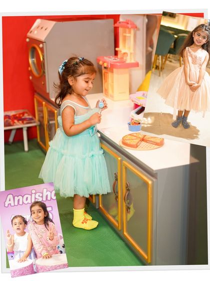 A collage capturing the joy of play. A young girl explores our role-play kitchen area while another poses in a beautiful dress, showing the different ways to have fun at Wooray Elite.