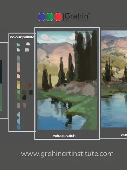 This landscape study guide shows how to simplify shapes, create a value sketch, and use a color palette to build a realistic painting from a reference.