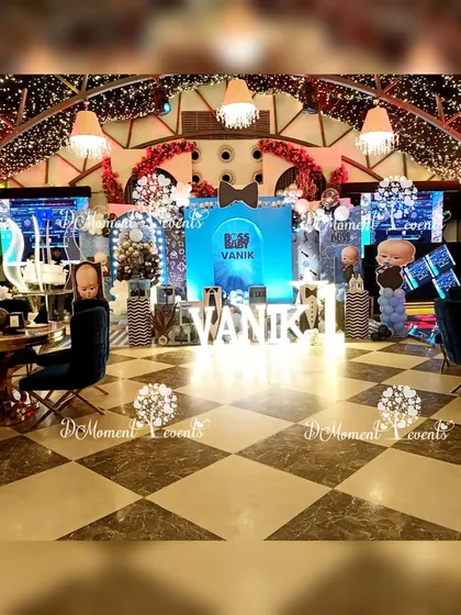 I transform entire venues to perfectly match your chosen theme. This wide-angle view of a "Boss Baby" party shows how every element, from the stage and lighting to the guest seating and ceiling decor, works together to create a cohesive and luxurious party experience.