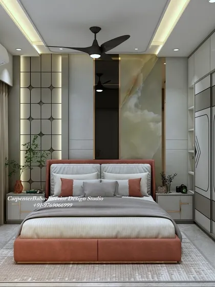 The headboard wall in this bedroom features a stunning combination of green onyx-finish panels and modern 3D tiles. The design is luxurious, unique, and very contemporary.