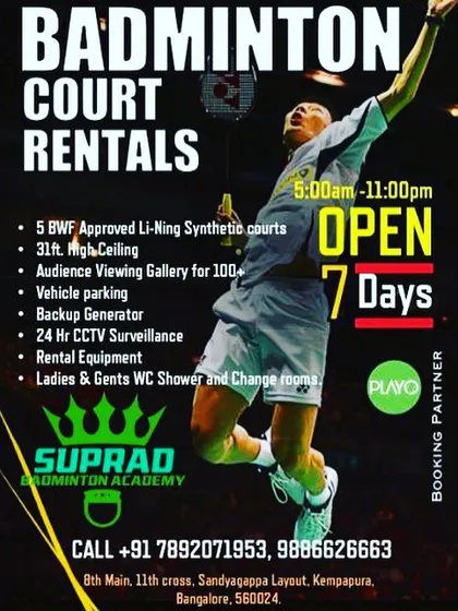All you need to know in one place. We offer 5 BWF-approved courts with high ceilings, ample parking, a viewing gallery, and rental equipment, open 7 days a week from 5 AM to 11 PM.