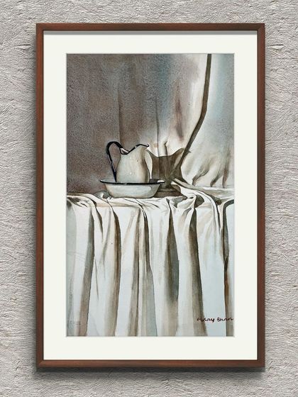 A monochrome still life of a pitcher and bowl, from my watercolor course. This is a value study, focusing on the folds of the fabric and the play of light and shadow.