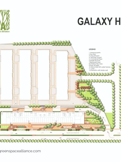 The detailed site plan for Galaxy Hub in Ambernath, a mixed-use commercial complex. The plan shows the linear paving patterns, designated zones for a flea market and children's play area, and peripheral green spaces, illustrating our methodical approach to designing functional and engaging public plazas.